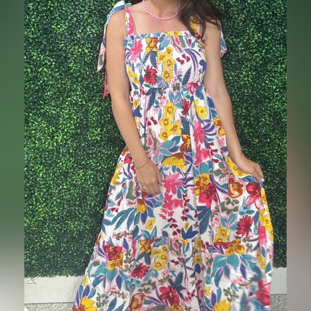 Umgee Women’s Colorful Floral Maxi Dress with Shoulder Ties Size L